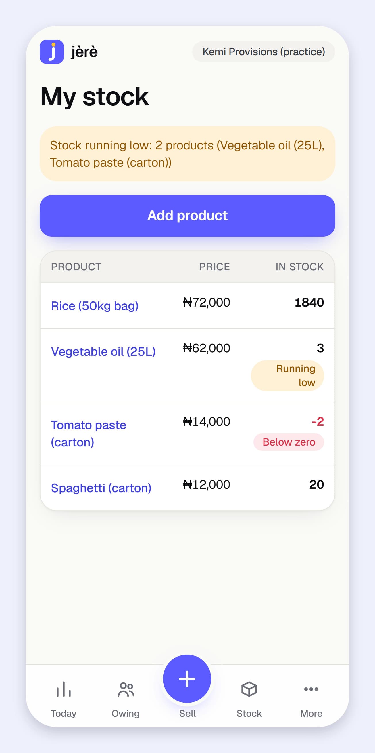 Jèrè stock screen showing products and low-stock flags, using a practice business