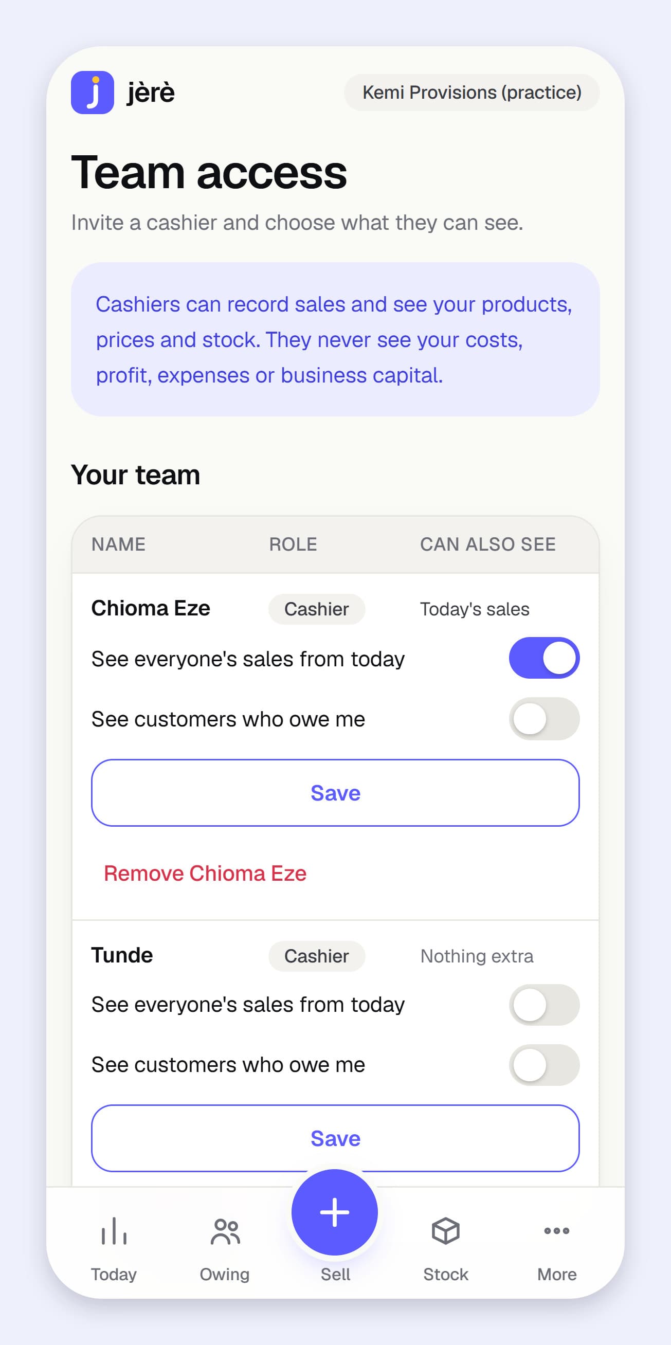 Jèrè team screen showing cashier access permissions, using a practice business